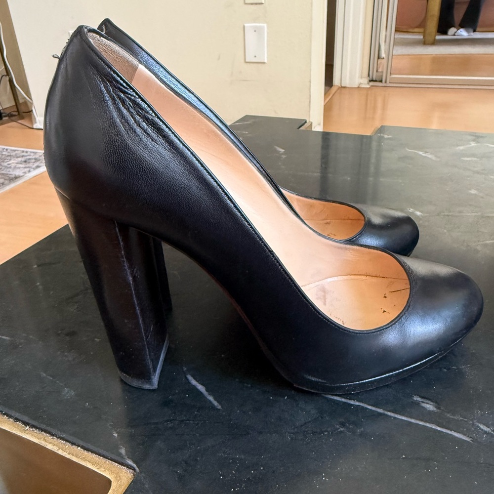 Christian Louboutin Black Leather High Block Heel Pumps